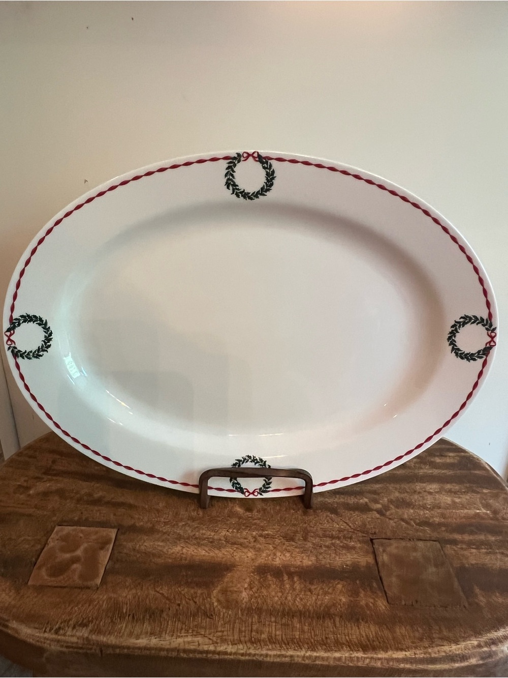 Laura Ashley White Oval Serving Platter with Red Trim and Green Wreaths